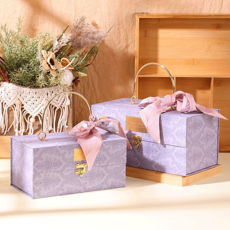 Luxurious gift box with metal handle and ribbon