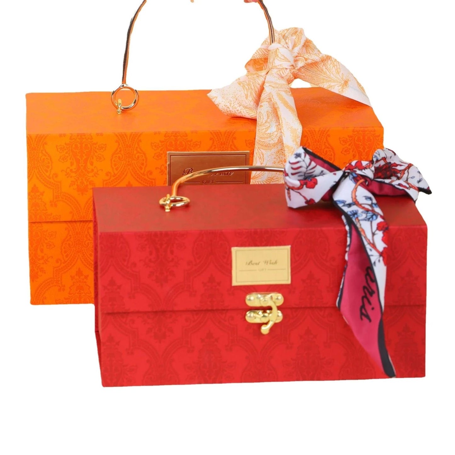 Luxurious gift box with metal handle and ribbon